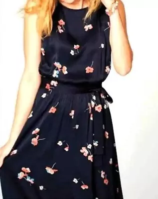 J. Jill M Petite Dress Sleeveless Navy Blue Floral Sash Belt Midi Blouson Rayon • $34.94