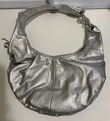 Vintage Soft Metallic Silver Hobo Purse With Chains On Zip Silver Adornment • $15.99