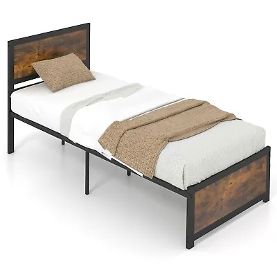 Single Size Bed Frame Heavy-duty Industrial Metal Platform Bed W/High Headboard • £72.95