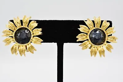 Vintage Sunflower Clip Earrings Black Rhinestone Crystal Gold Tone 1980s Bin1 • $15.96