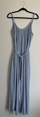 H&M Jumpsuit Wide Leg Blue Stripped Fabric Belt Spaghetti Straps Size Medium • $17.95