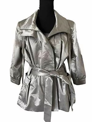 Caché Silver Metallic Short Trench Coat Rain Jacket Size M (10-12) Vintage 80’s • $49.88