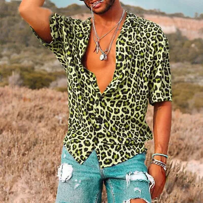 Men Leopard Print Shirt T-Shirt Button-Down Hawaiian Summer Short Sleeve Tops • $15.52