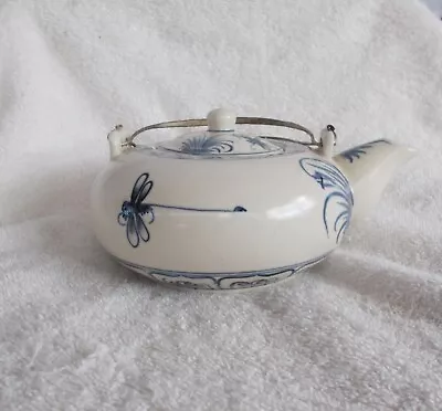 Vintage Oriental Teapot With Blue Stenciling Flying Insects & Foliage Chinese • $14.95