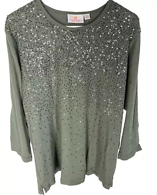 QUACKER FACTORY Shirt Size XL Green With Sequins 3/4 Sleeve Stretch Womens NEW • $16.16