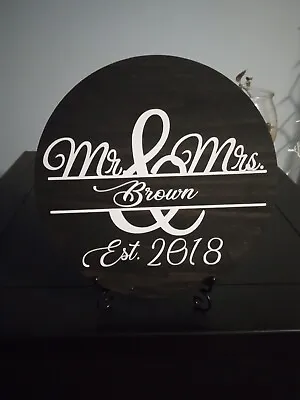 Wedding Sign Mr And Mrs 10 Inches Round Customized With Names With Black Stand • $20