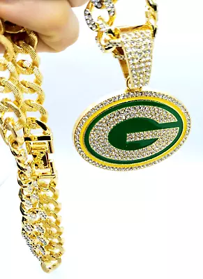 GREEN BAY PACKERS GEM NECKLACE Gold Bling NFL Football Pendant & 20  Chain • $15.95