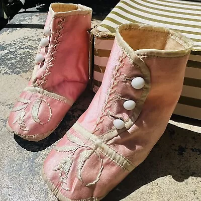 Victorian Pink Silk High Button Baby Boots Childs Doll Shoes Embroidered 1872 • $45