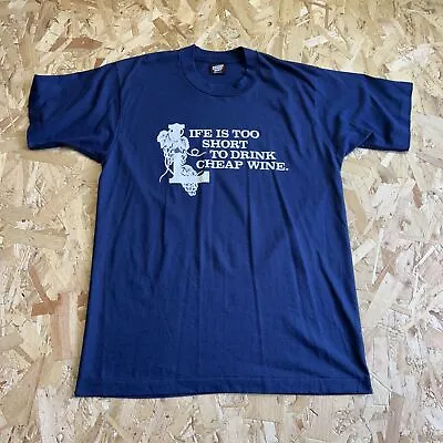 Vintage Navy Single Stitch Life Is Too Short To Drink Cheap Wine T-Shirt L • £14.99