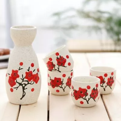 Japanese Traditional Flower Decorated 5 Piece Sake Set 1 Bottle 4 Cups Gift Box • $39.95