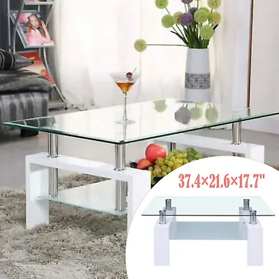 2-Layer Glass Coffee Table For Living Room With MDF-Legs & Storage Shelf Tables • $88.98