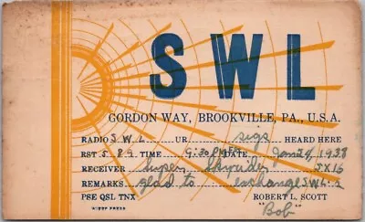 BROOKVILLE Pennsylvania Postcard QSL Ham Radio Card  Gordon Way  1938 Cancel • $7