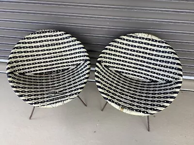 Woven Cane Saucer Chairs - Pair Of Kids Size Vintage Round Chairs Retro Look • $120