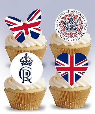 Pre-Cut King Charles Coronation III Union Jack Edible Wafer Cup Cake Decorations • £4.99