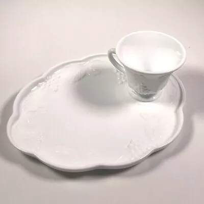 Milk Glass Snack Plate & Tea Cup Set White Grape Vine Vtg 2 Pc • $10.99