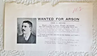 1913-1914 Rare Orig Wanted For Arson Notice Albany Calif Berkeley August Vollmer • $5.99