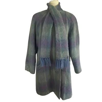 Vintage Donegal Design Mohair Wool Plaid Purple Blue Green Coat Attached Scarf • $149.50