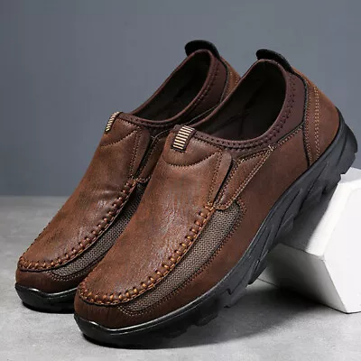 Mens Leather Slip On Walking Shoes Driving Moccasin Comfort Casual Trainers Size • £18.99