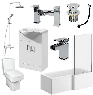 Complete Bathroom Suite L Shaped RH Bath Basin Vanity Unit Toilet Shower Taps • £703.97