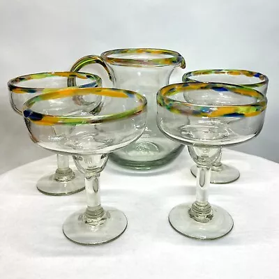 Mexican Hand Blown Confetti Art Glass Pitcher & 4 Matching Margarita Glasses Set • $54.99