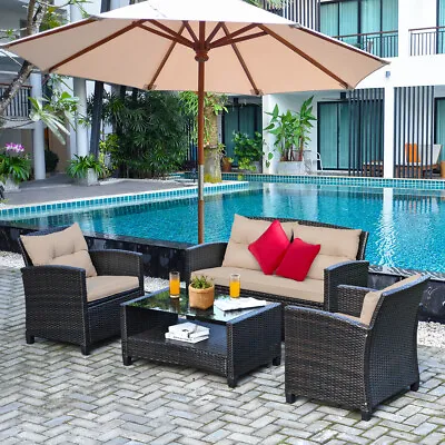 $669 • Buy 4 PCS Outdoor Furniture Setting Patio Rattan Wicker Lounge Sofa Table & Chairs