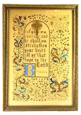 = Late 19th C. Hand Painted Illuminated Manuscript W. Calligraphy Psalm 31:24 • $145