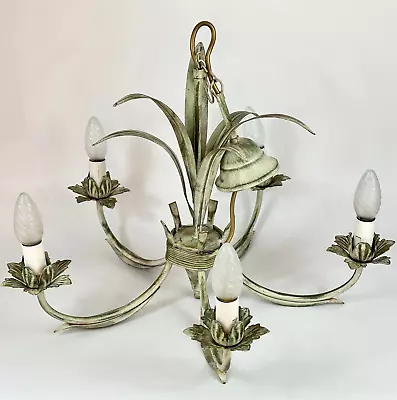 Vintage French Large 5 Arm Verdigris Colour Metal Leaf Toleware Chandelier Light • $79.57