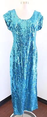 Vtg 90s Nadine Blue Sequin Beaded Evening Formal Prom Dress Size L ? Retro • $34.99