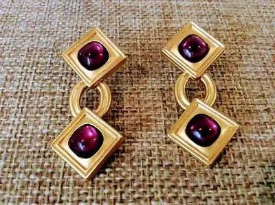 Vintage Monet Gold Tone Purple Cabochon Drop Earrings - Pierced Post • $28