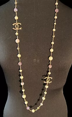 Chanel Faux Pearl Rose Quarts Amethyst Gold Toned Beaded Long Necklace! • $1480