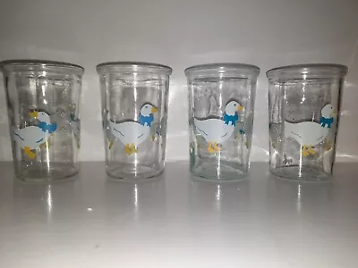 BAMA Jelly Jar White Ducks Geese Blue Bows Juice Glasses Vintage 4 Tall Set Of4 • $20