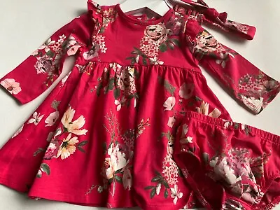 BNWT NEXT 3pc Fuschia Pink Floral Dress Set Inc Headband Baby Girls 3-6 Months🎀 • £9.50