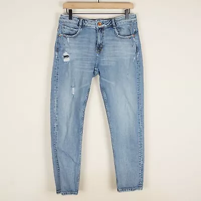 Zara High Waisted Straight Leg Blue Distressed Jeans Sz 6 • $32