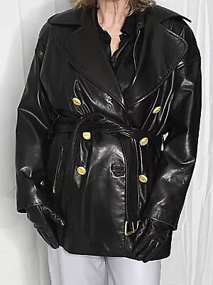 Womens Leather Trench Coat Jacket Black S-M SOFT Lambskin Vakko 80s 90s Vintage • $200