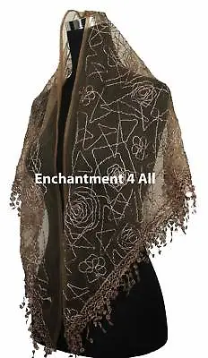 Triangular Floral Lace Scarf Wrap Crochet Edging Brown • £9.49
