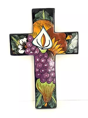 Mexican Talavera Cross Hand Painted Art Pottery Wall Cross Cala Lily 11” • $24.95