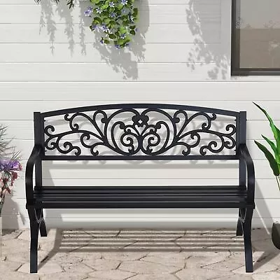 Garden Bench Outdoor Bench Patio Metal Bench Floral Design Backrest Park Bench  • $98.79