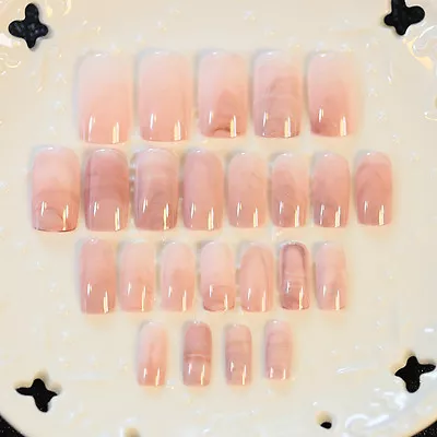 24Pcs Smooth Marble Artificial False Nails Tips Stick On Full Fake Nail Art Set • £2.39