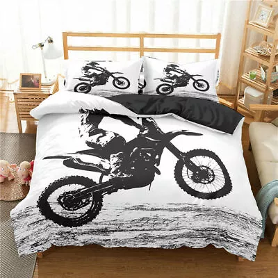 Black White Motocross Motorcycle Print Duvet Quilt Cover Pillowcase Bedding Set • $13.04