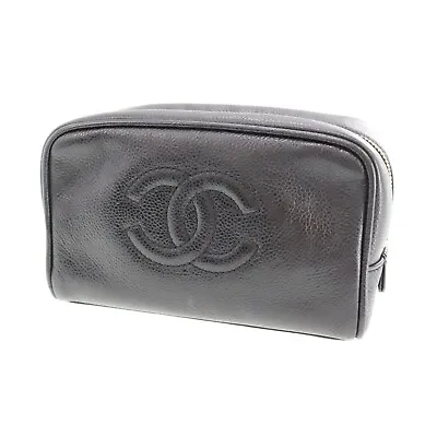 CHANEL CC Used Pouch Black Caviar Skin Leather Vintage Italy #CG275 S • $880.74