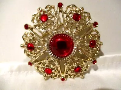 SARAH COVENTRY Vintage Goldtone Filigree Brooch W/Red Cabochons /Rhinestones 2 W • $17.99