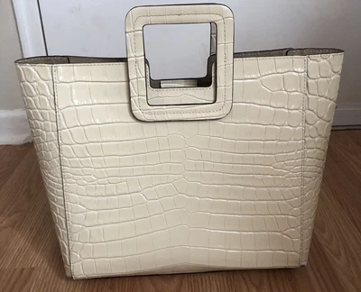 $110 • Buy Staud Shirley Croc Leather Embossed Square Handle Purse Tote Bag Cream White Med