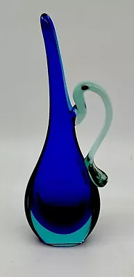 Vtg MCM Murano Seguso Poli Sommerso  Blue Uranium Glass Vase Ewer 8.25”H • $68