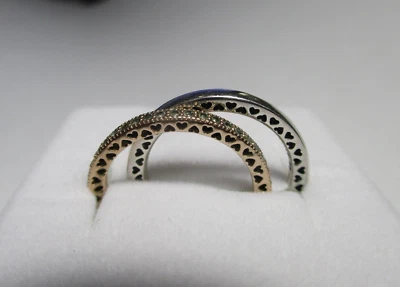 $65 • Buy Size 56 Hearts Of Pandora Silver & Rose Gold Stacking Rings 196237 & 180963CZ