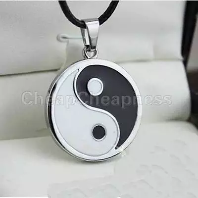 Yin Ying Yang Pendant Black White Necklace Charm With Black Leather CoLA • £4.55