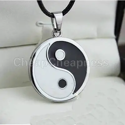Yin Ying Yang Pendant Black White Necklace Charm With Black Leather Cord BDA ^U • $16.78