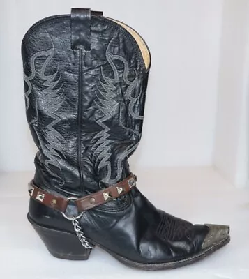 Mens NOCONA Cowboy Boots Black Leather Strap And Chain Metal Tips Size 12 Used • $189.95