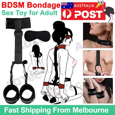 BDSM Collar Handcuffs Back Blindfold Bondage Kit Fetish Restraints Adult Sex Toy • $17.99