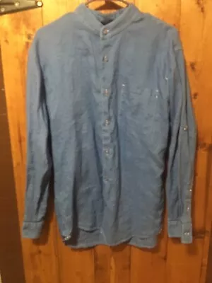 D'Amante Men's Blue 100% Linen Banded Collar Long Sleeve Dress Shirt Size L EUC • $22.99