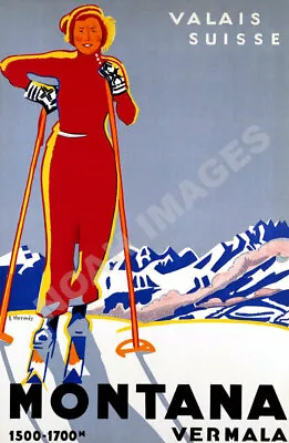 Montana Valais Suisse Vintage Swiss Ski Travel Poster 12x18 • $7.95